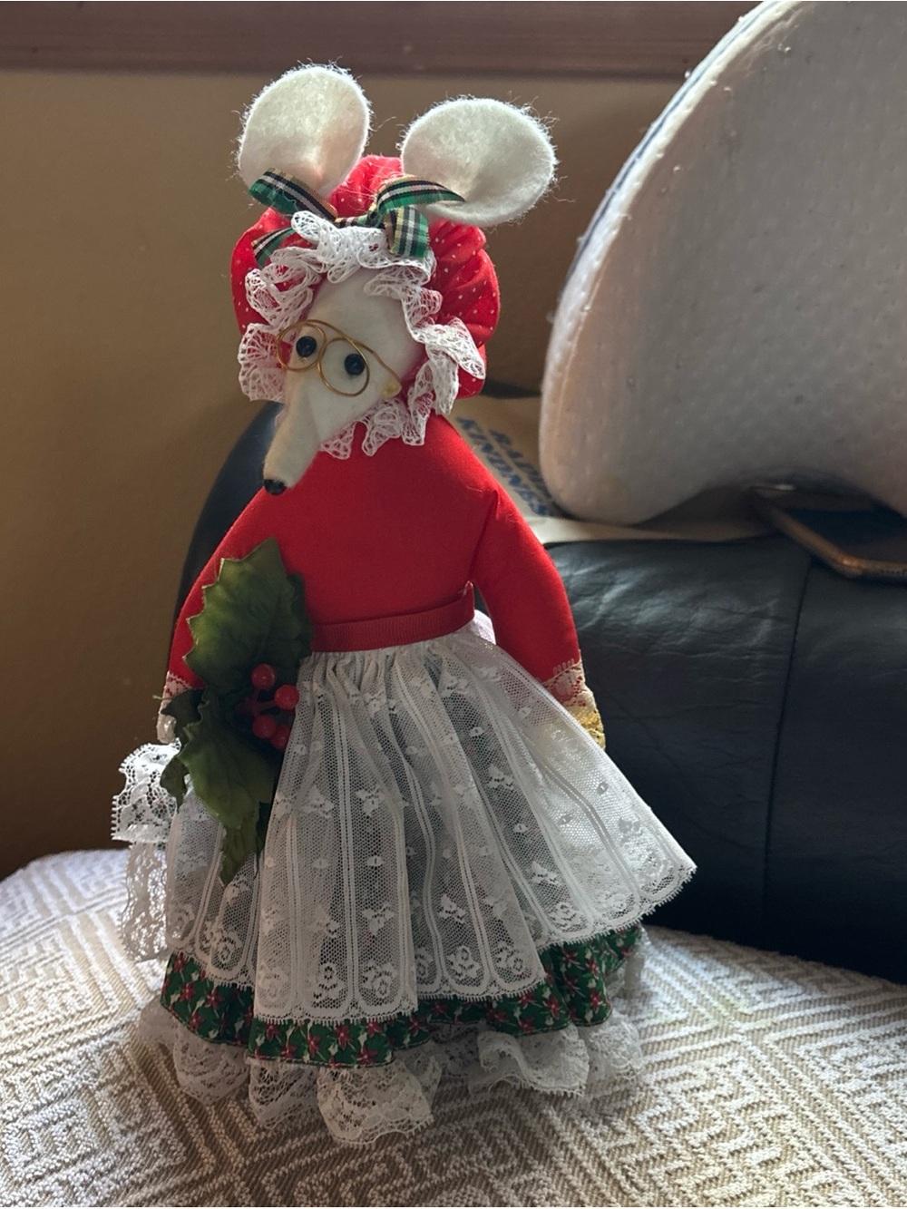 Holiday Red Mouse Doll with White Lace Skirt